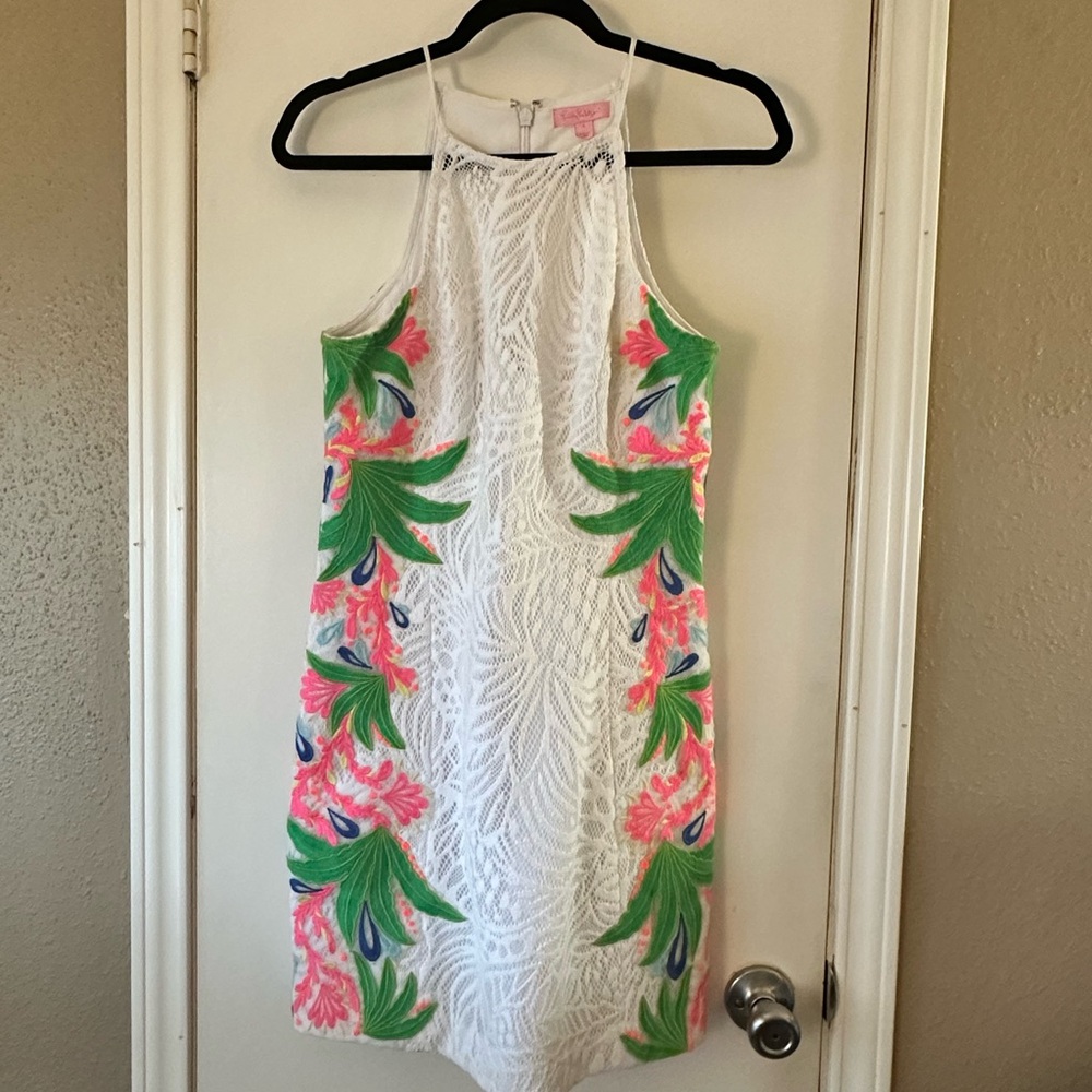 Lilly Pulitzer White Dress with Green and Pink Floral Accents